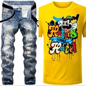 2pc SLIM RIPPED JEANS + HATER DRIP T